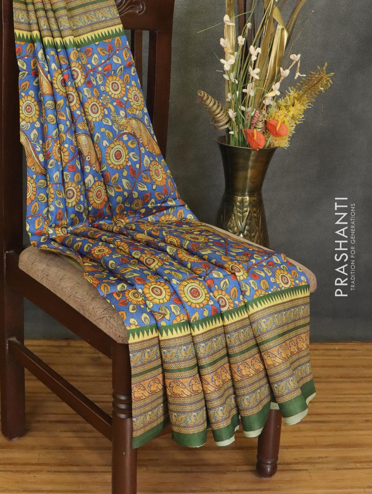 Kalamkari cotton saree blue with paisley butta prints and printed bord – Prashanti  Sarees