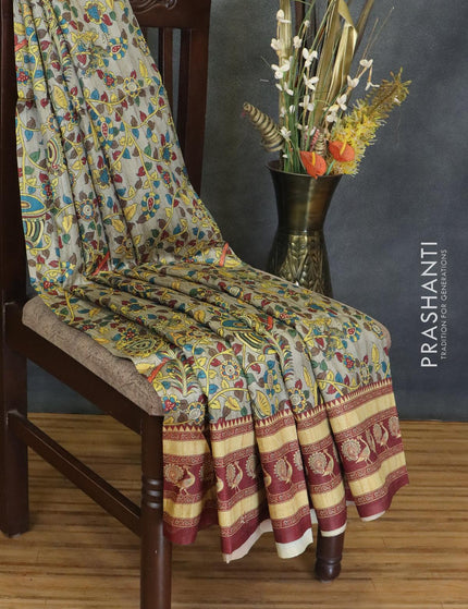 Chappa saree grey and maroon with allover kalamkari prints and printed border - {{ collection.title }} by Prashanti Sarees