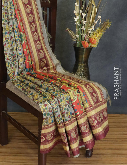 Chappa saree grey and maroon with allover kalamkari prints and printed border - {{ collection.title }} by Prashanti Sarees