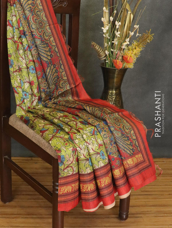 Chappa saree light green and red with allover kalamkari prints and printed border - {{ collection.title }} by Prashanti Sarees