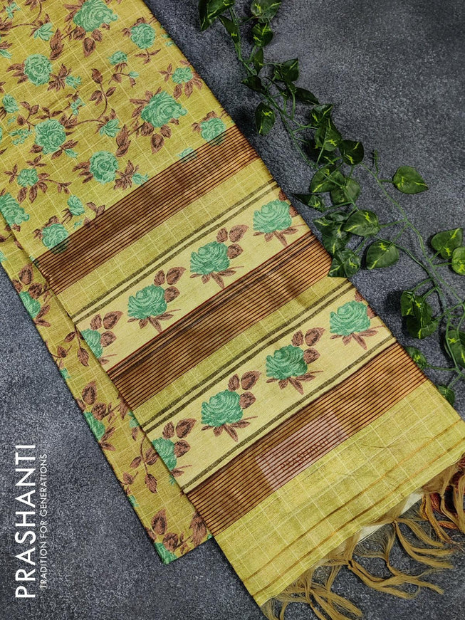 Chappa saree lime yellow shade with allover floral prints and zari woven border - {{ collection.title }} by Prashanti Sarees