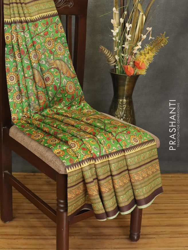 Chappa saree parrot green and brown with allover kalamkari prints and printed border - {{ collection.title }} by Prashanti Sarees