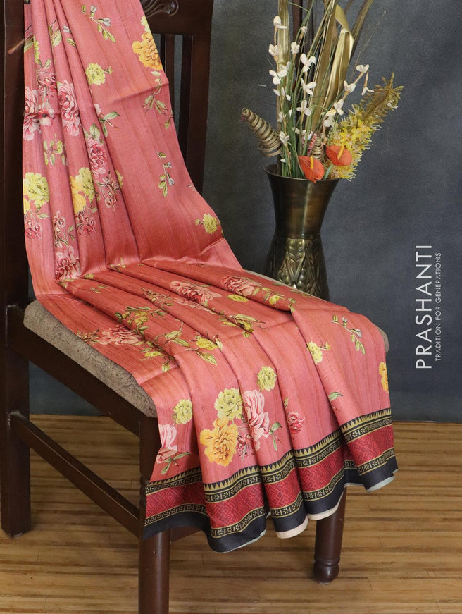 Chappa saree peach pink shade and black with allover floral prints and printed border - {{ collection.title }} by Prashanti Sarees