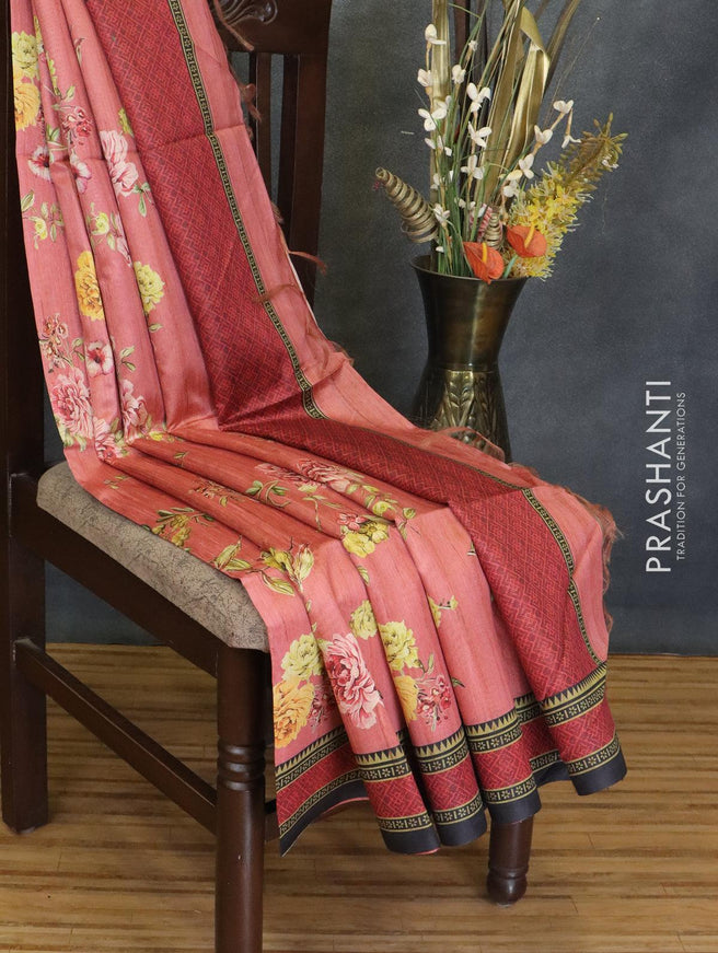 Chappa saree peach pink shade and black with allover floral prints and printed border - {{ collection.title }} by Prashanti Sarees