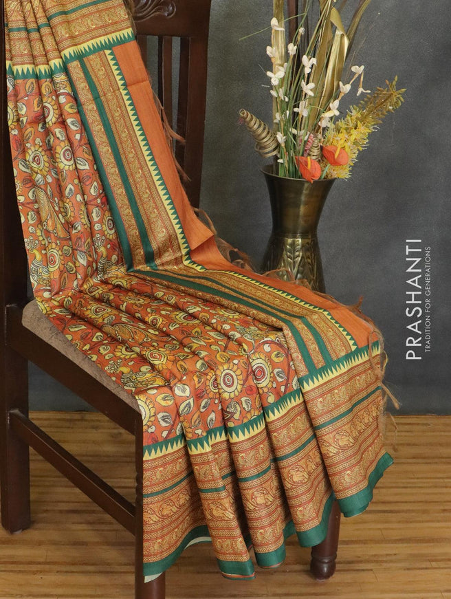 Chappa saree rustic orange and green with allover kalamkari prints and printed border - {{ collection.title }} by Prashanti Sarees