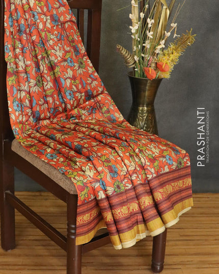 Chappa saree rustic orange and lime yellow shade with allover kalamkari prints and printed border - {{ collection.title }} by Prashanti Sarees