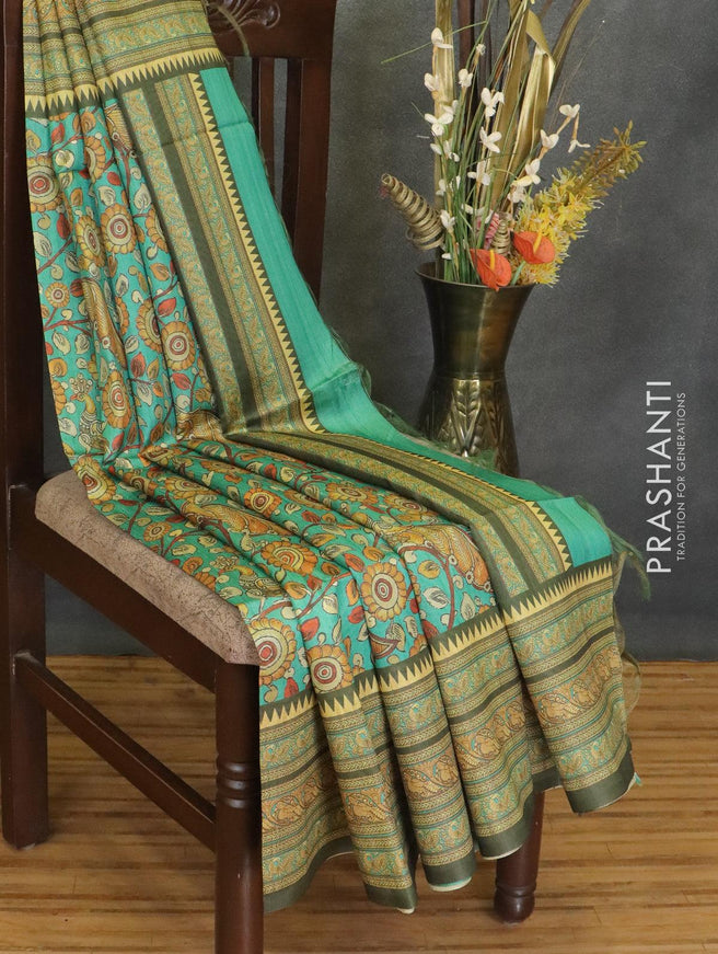 Chappa saree teal green and sap green with allover kalamkari prints and printed border - {{ collection.title }} by Prashanti Sarees