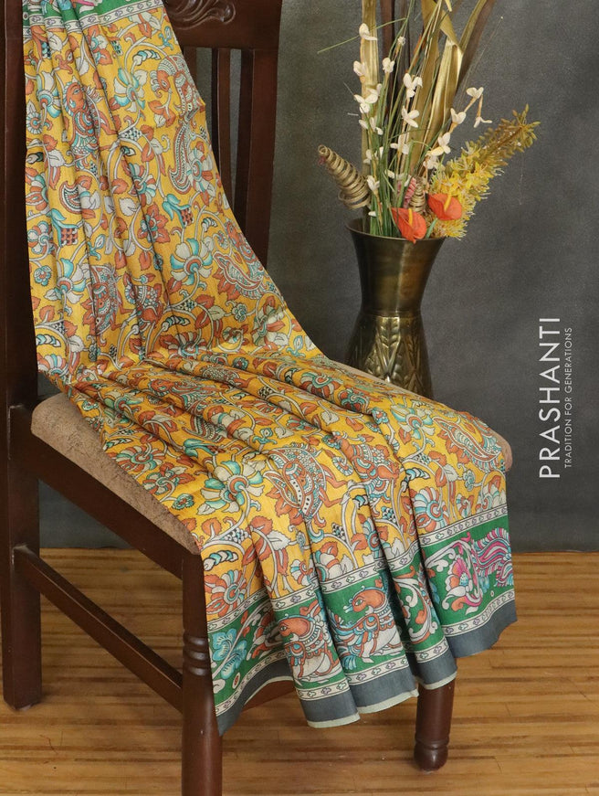 Chappa saree yellow and green with allover kalamkari prints and printed border - {{ collection.title }} by Prashanti Sarees