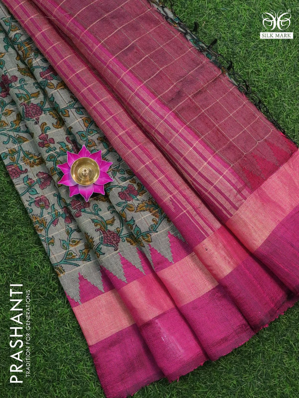 Dupion silk saree greyish green and pink with allover prints and temple woven simple zari border - {{ collection.title }} by Prashanti Sarees