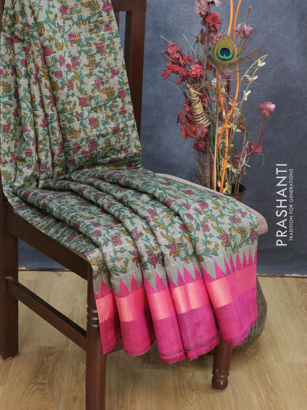 Dupion silk saree greyish green and pink with allover prints and temple woven simple zari border - {{ collection.title }} by Prashanti Sarees