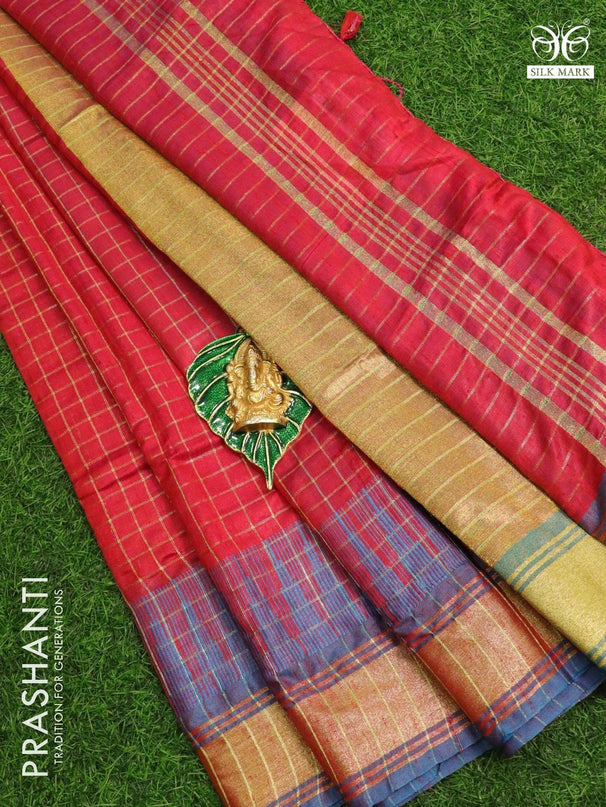 Dupion silk saree red and blue with allover zari checks pattern and thread woven temple zari border - {{ collection.title }} by Prashanti Sarees