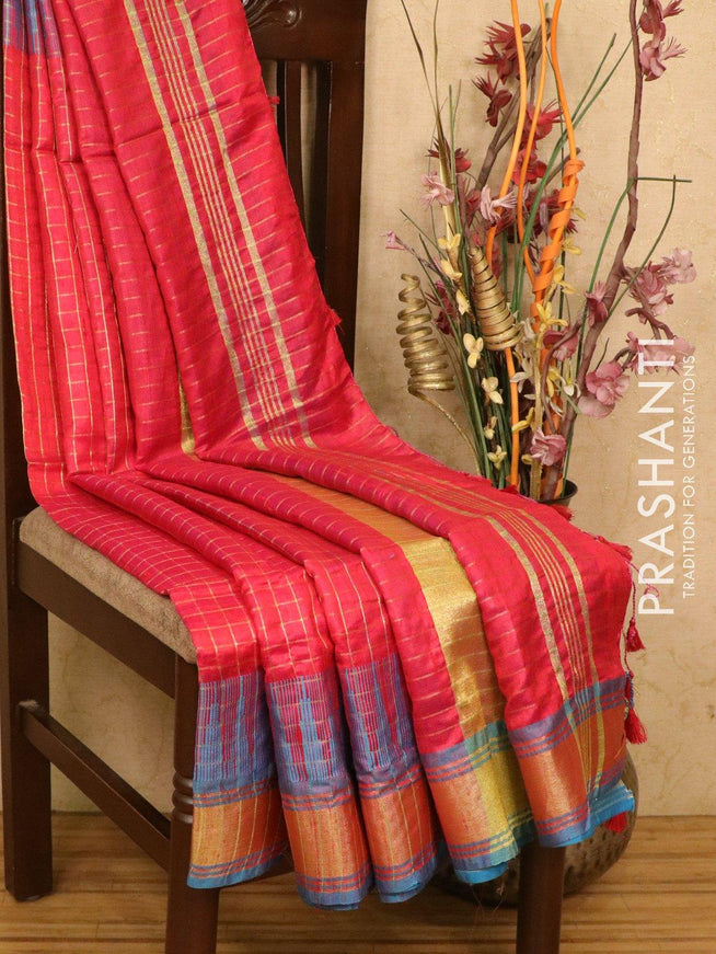 Dupion silk saree red and blue with allover zari checks pattern and thread woven temple zari border - {{ collection.title }} by Prashanti Sarees