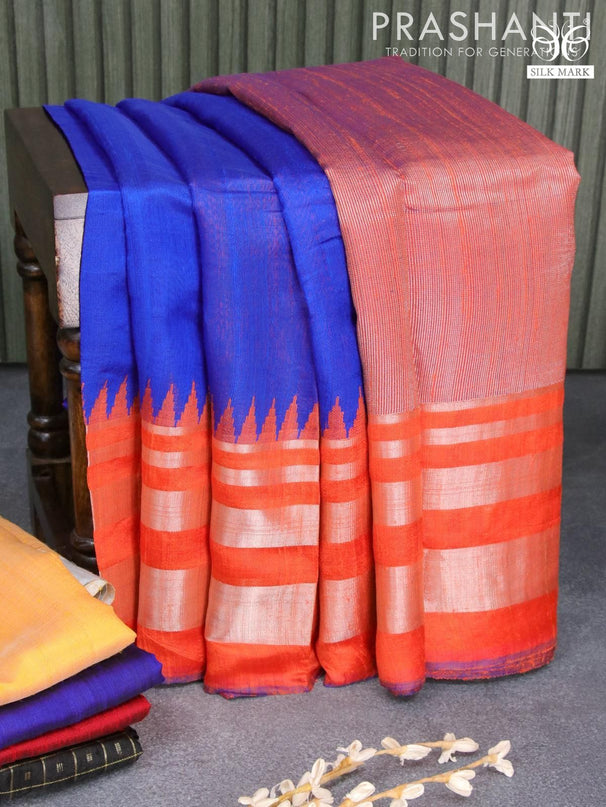 Dupion silk saree royal blue and orange with plain body and temple woven silver zari border - {{ collection.title }} by Prashanti Sarees