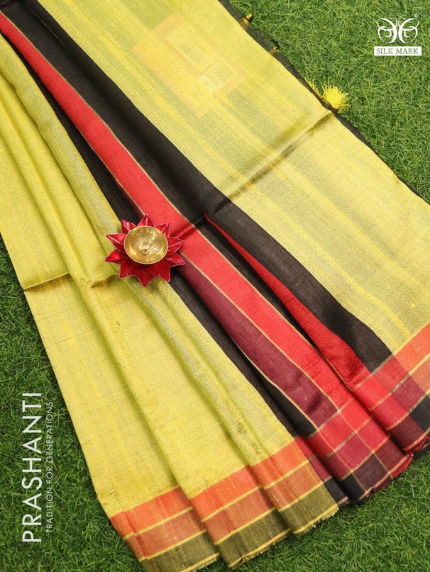 Dupion silk saree yellowish green and multi colour with plain body and simple border - {{ collection.title }} by Prashanti Sarees