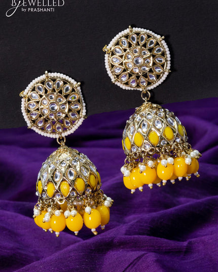 Light weight jhumkas yellow and cz stone with beads hangings - {{ collection.title }} by Prashanti Sarees
