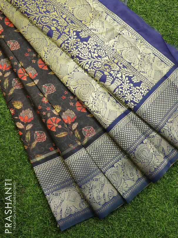 Malai silk saree black and blue with allover self emboss & floral prints and zari woven border - {{ collection.title }} by Prashanti Sarees