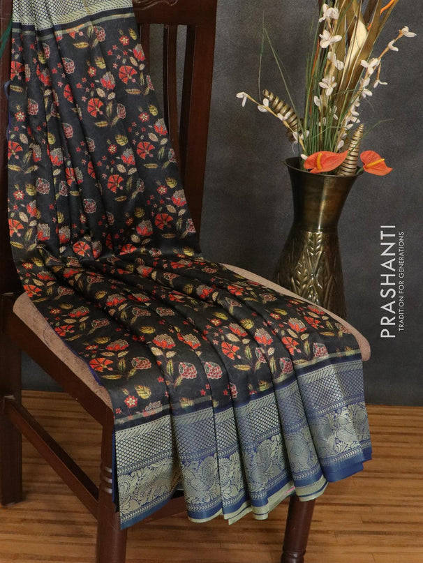 Malai silk saree black and blue with allover self emboss & floral prints and zari woven border - {{ collection.title }} by Prashanti Sarees