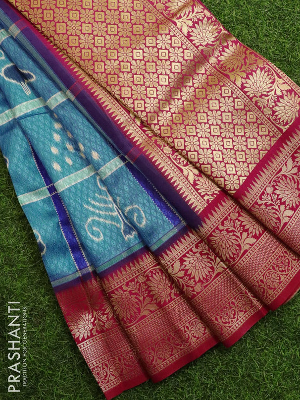 Malai silk saree blue and pink with allover self emboss & prints and zari woven border - {{ collection.title }} by Prashanti Sarees