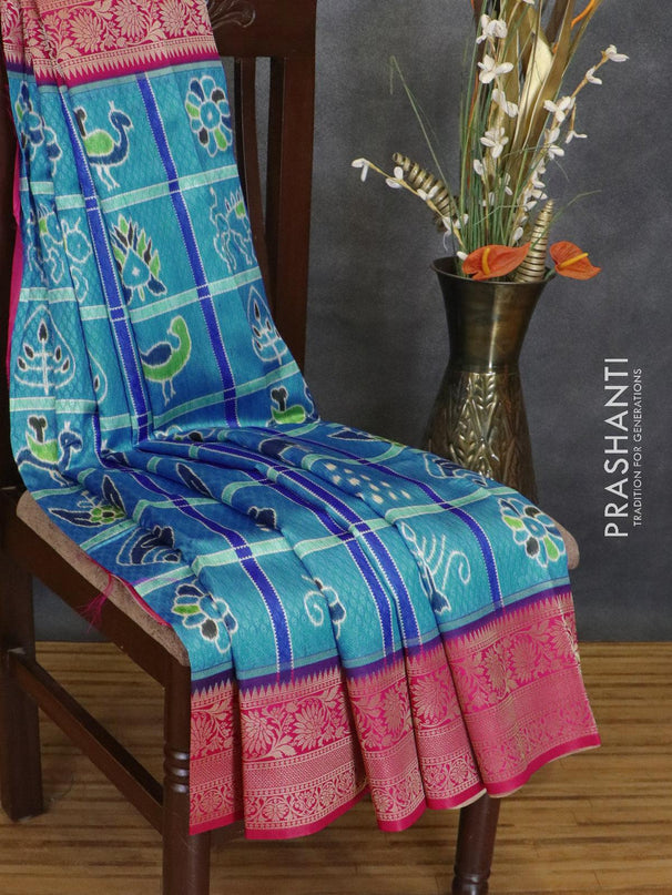 Malai silk saree blue and pink with allover self emboss & prints and zari woven border - {{ collection.title }} by Prashanti Sarees