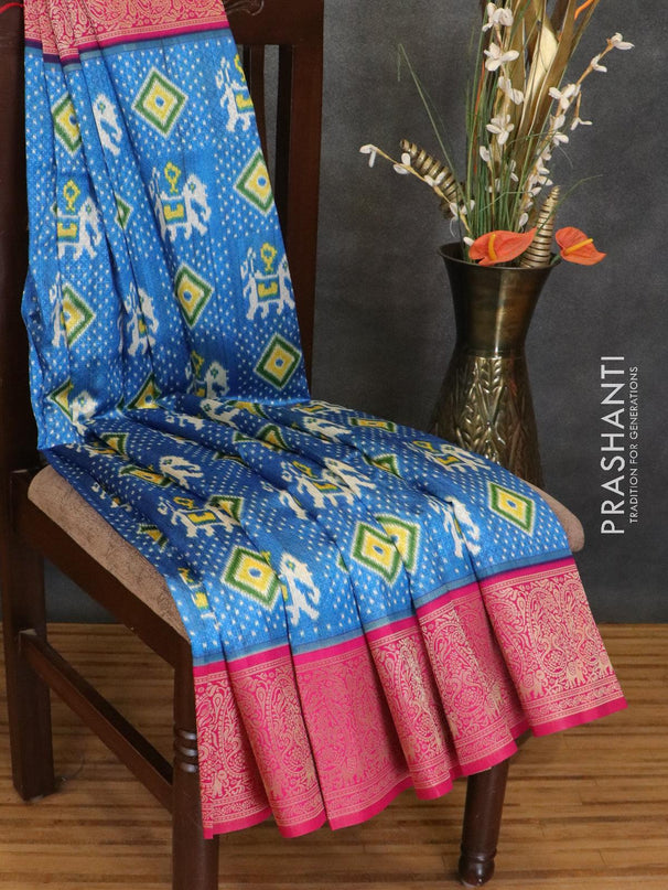 Malai silk saree blue and pink with allover self emboss & prints and zari woven border - {{ collection.title }} by Prashanti Sarees