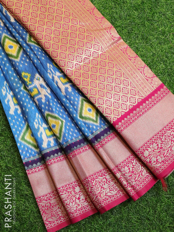 Malai silk saree blue and pink with allover self emboss ikat prints and zari woven border - {{ collection.title }} by Prashanti Sarees