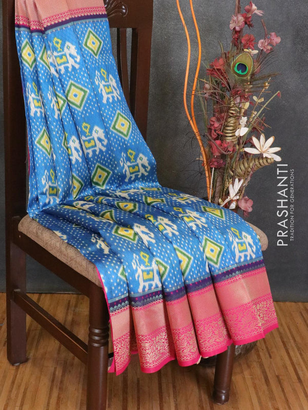 Malai silk saree blue and pink with allover self emboss ikat prints and zari woven border - {{ collection.title }} by Prashanti Sarees