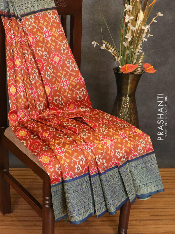 Malai silk saree brown and blue with allover self emboss & prints and zari woven border - {{ collection.title }} by Prashanti Sarees