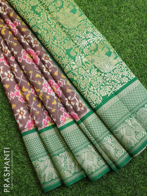 Malai silk saree brown and green with allover self emboss ikat prints and zari woven border - {{ collection.title }} by Prashanti Sarees