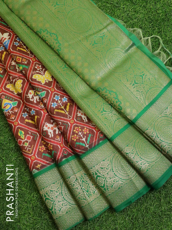 Malai silk saree brown and green with allover self emboss ikat prints and zari woven border - {{ collection.title }} by Prashanti Sarees