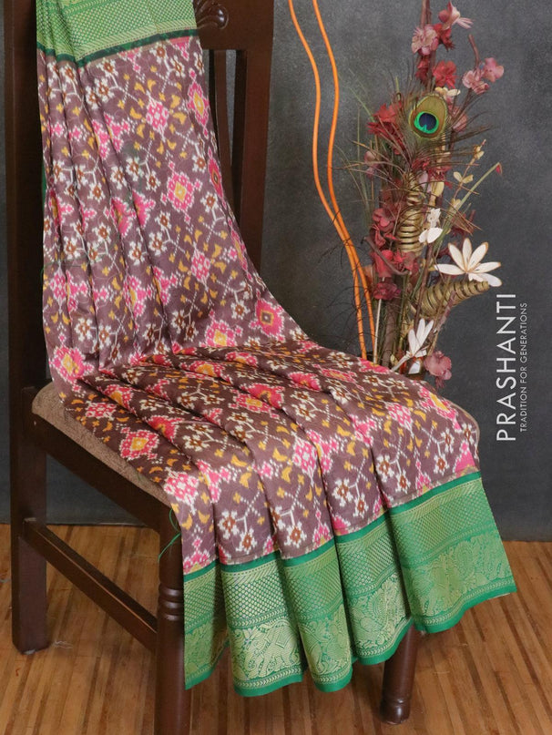 Malai silk saree brown and green with allover self emboss ikat prints and zari woven border - {{ collection.title }} by Prashanti Sarees