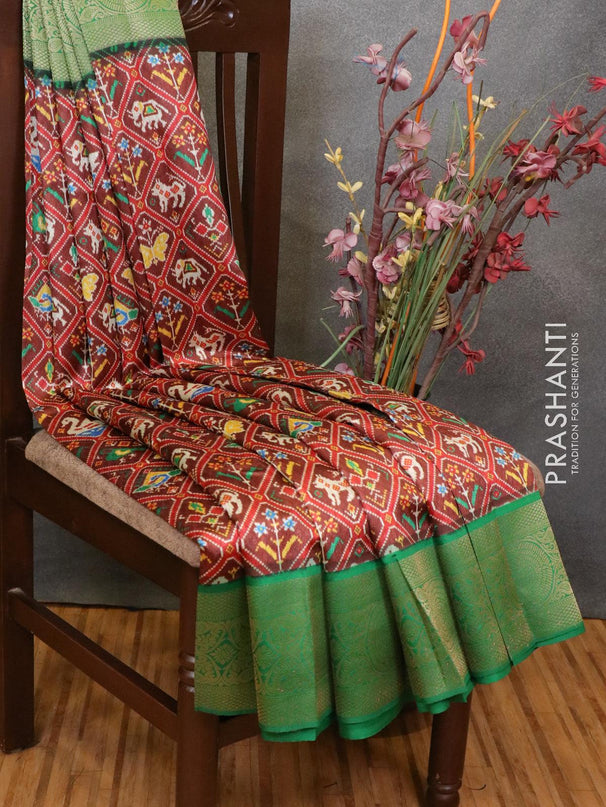 Malai silk saree brown and green with allover self emboss ikat prints and zari woven border - {{ collection.title }} by Prashanti Sarees