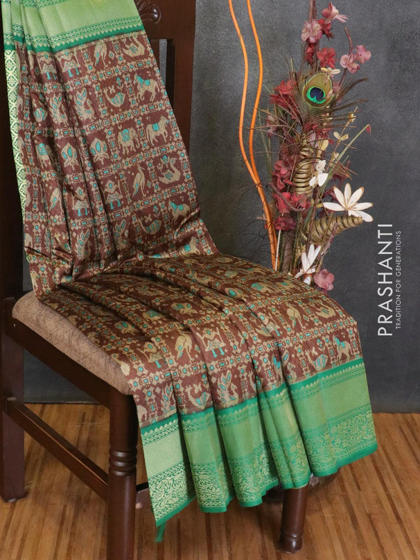 Malai silk saree brown and green with allover self emboss prints and zari woven floral border - {{ collection.title }} by Prashanti Sarees