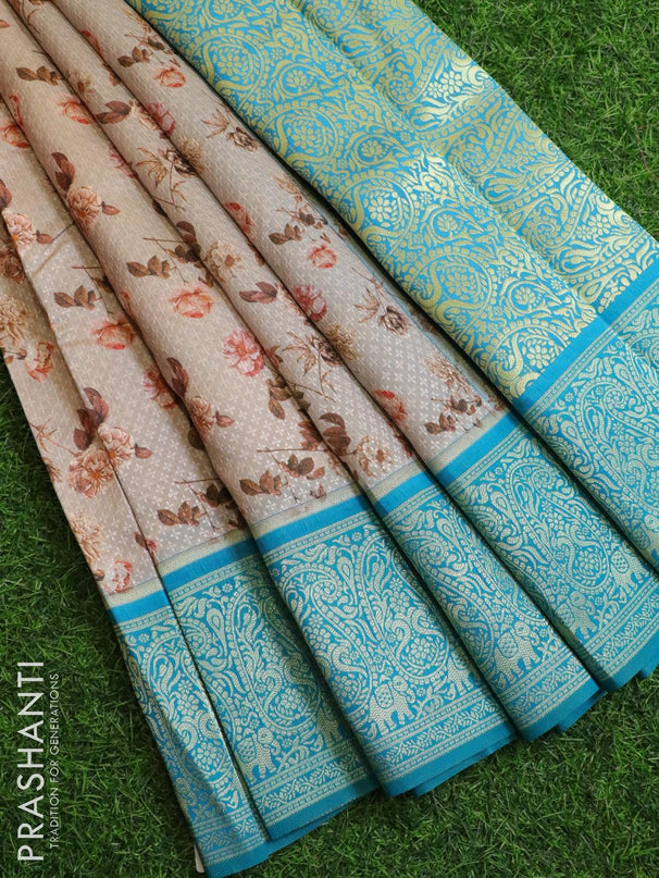 Malai silk saree chikku shade and blue shade with allover self emboss floral prints and paisley zari woven border - {{ collection.title }} by Prashanti Sarees