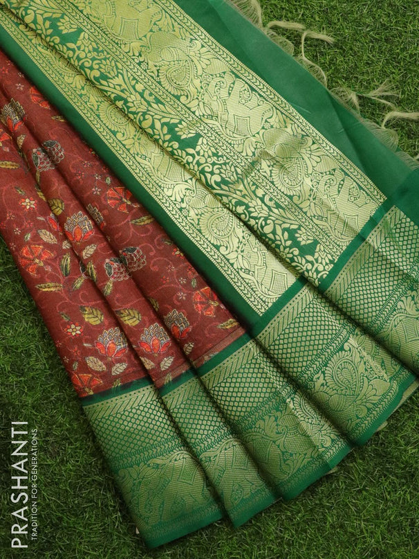 Malai silk saree dark brown and green with allover self emboss & floral prints and zari woven border - {{ collection.title }} by Prashanti Sarees