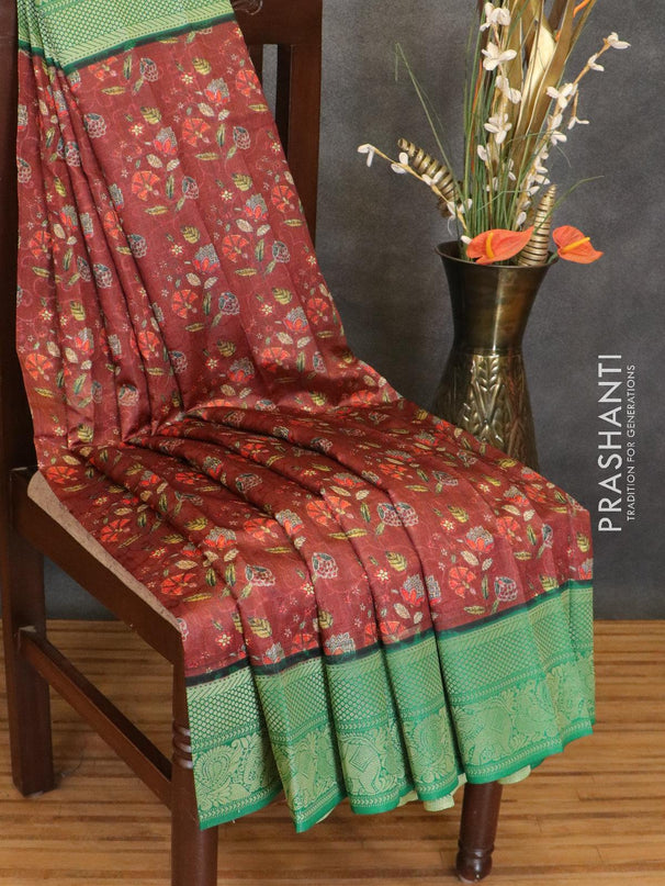 Malai silk saree dark brown and green with allover self emboss & floral prints and zari woven border - {{ collection.title }} by Prashanti Sarees