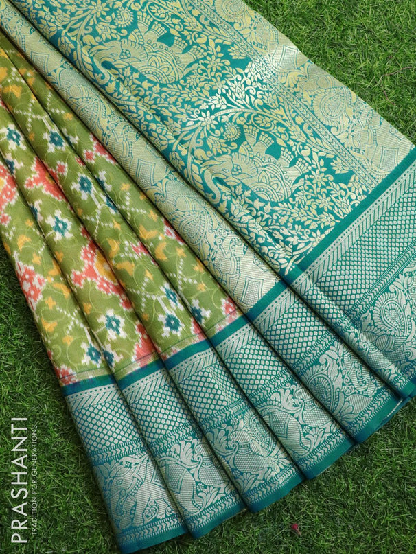 Malai silk saree green and blue shade with allover self emboss ikat prints and zari woven border - {{ collection.title }} by Prashanti Sarees