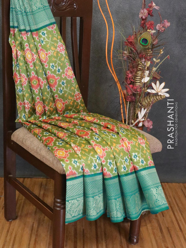 Malai silk saree green and blue shade with allover self emboss ikat prints and zari woven border - {{ collection.title }} by Prashanti Sarees