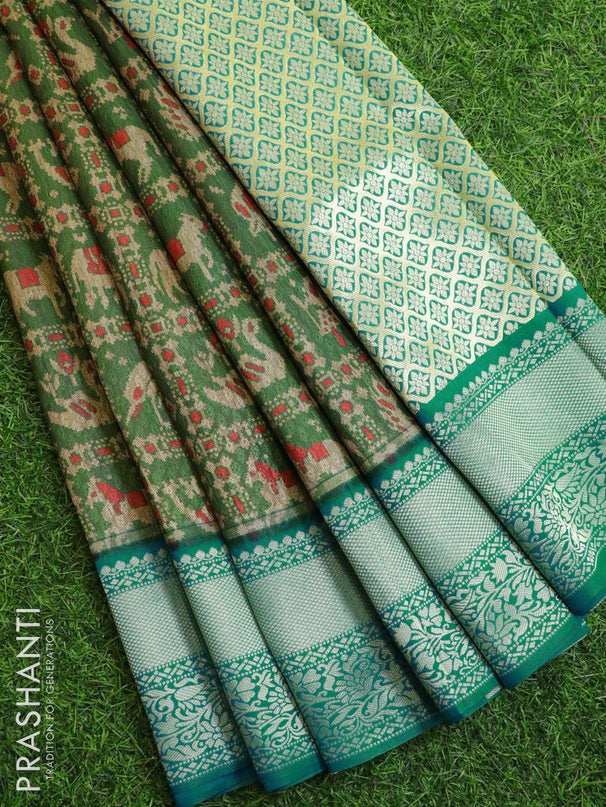 Malai silk saree green and blue shade with allover self emboss prints and zari woven floral border - {{ collection.title }} by Prashanti Sarees