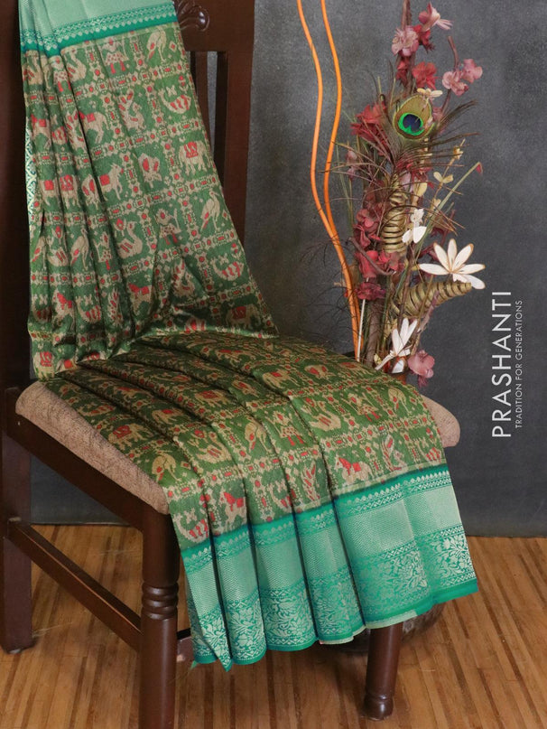 Malai silk saree green and blue shade with allover self emboss prints and zari woven floral border - {{ collection.title }} by Prashanti Sarees