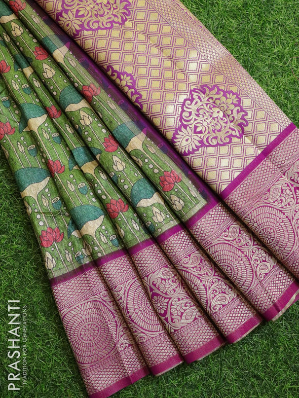 Malai silk saree green and purple with allover self emboss prints and zari woven border - {{ collection.title }} by Prashanti Sarees