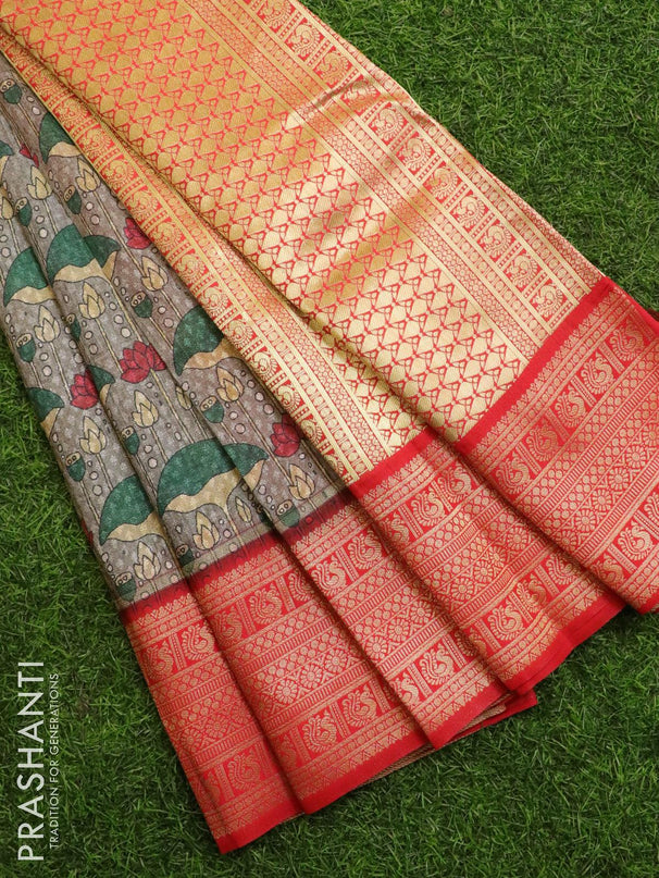 Malai silk saree grey and red with allover self emboss & floral prints and zari woven border - {{ collection.title }} by Prashanti Sarees