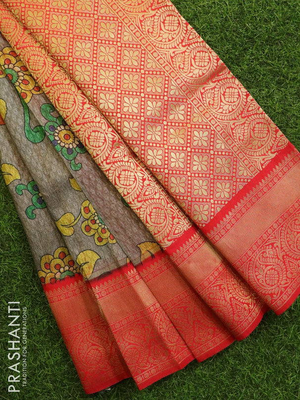 Malai silk saree grey and red with allover self emboss & prints and zari woven border - {{ collection.title }} by Prashanti Sarees