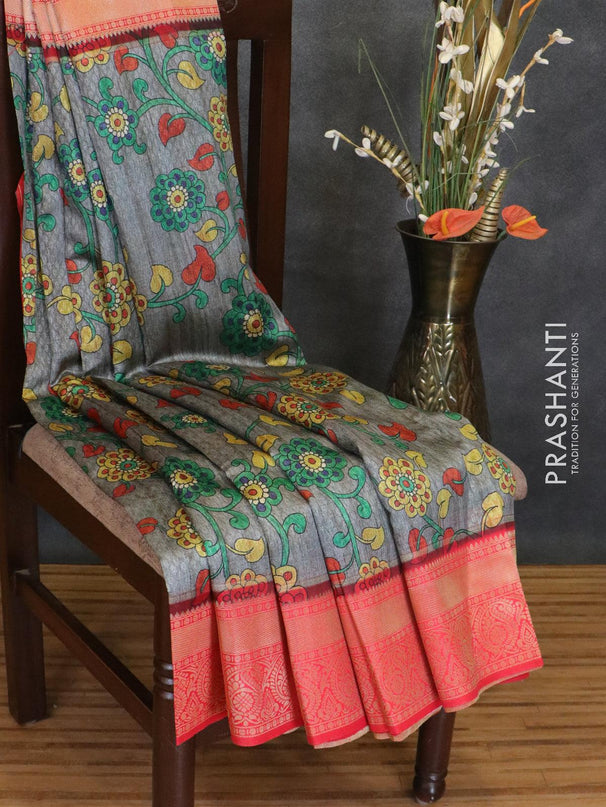 Malai silk saree grey and red with allover self emboss & prints and zari woven border - {{ collection.title }} by Prashanti Sarees