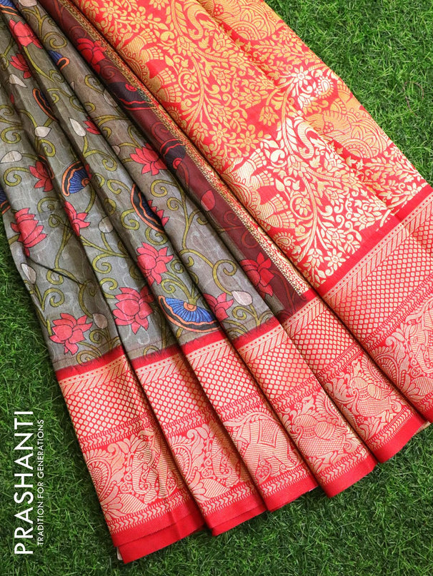 Malai silk saree grey and red with allover self emboss floral prints and zari woven border - {{ collection.title }} by Prashanti Sarees