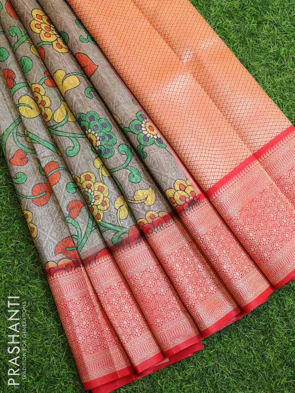 Malai silk saree grey and red with allover self emboss floral prints and zari woven border - {{ collection.title }} by Prashanti Sarees