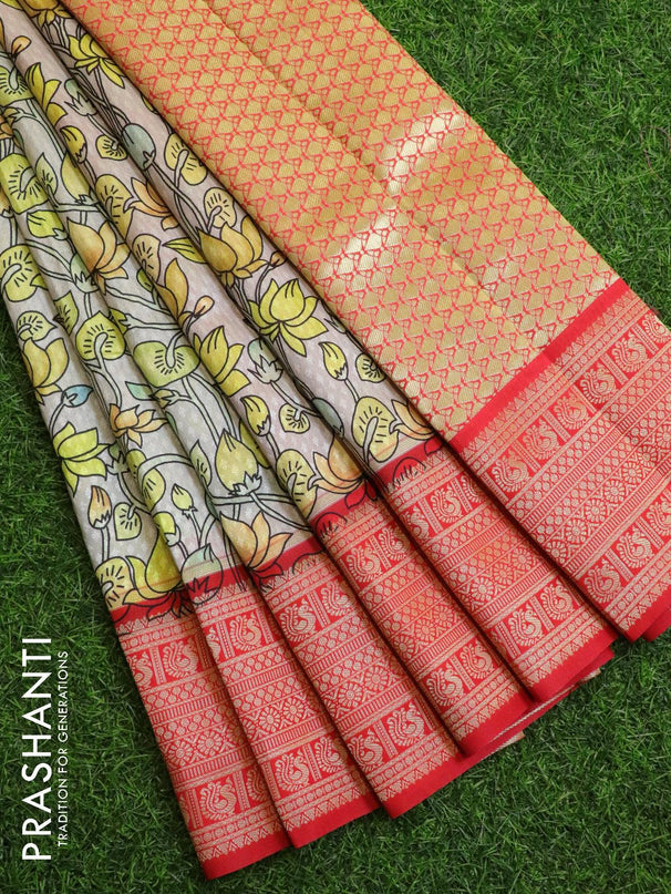 Malai silk saree grey and red with allover self emboss floral prints and zari woven border - {{ collection.title }} by Prashanti Sarees