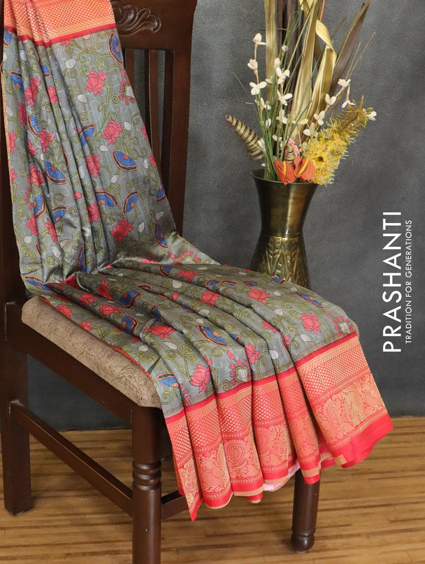 Malai silk saree grey and red with allover self emboss floral prints and zari woven border - {{ collection.title }} by Prashanti Sarees