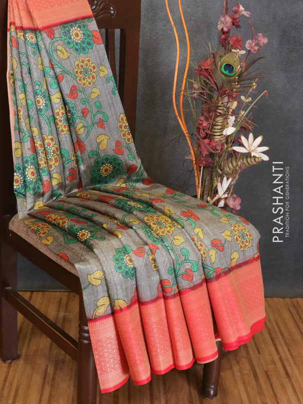 Malai silk saree grey and red with allover self emboss floral prints and zari woven border - {{ collection.title }} by Prashanti Sarees