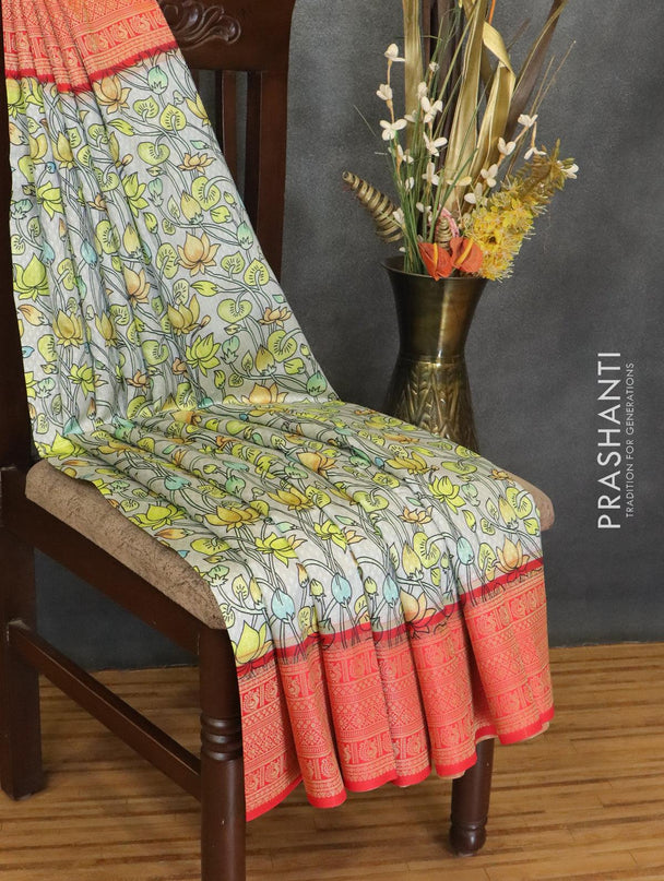 Malai silk saree grey and red with allover self emboss floral prints and zari woven border - {{ collection.title }} by Prashanti Sarees