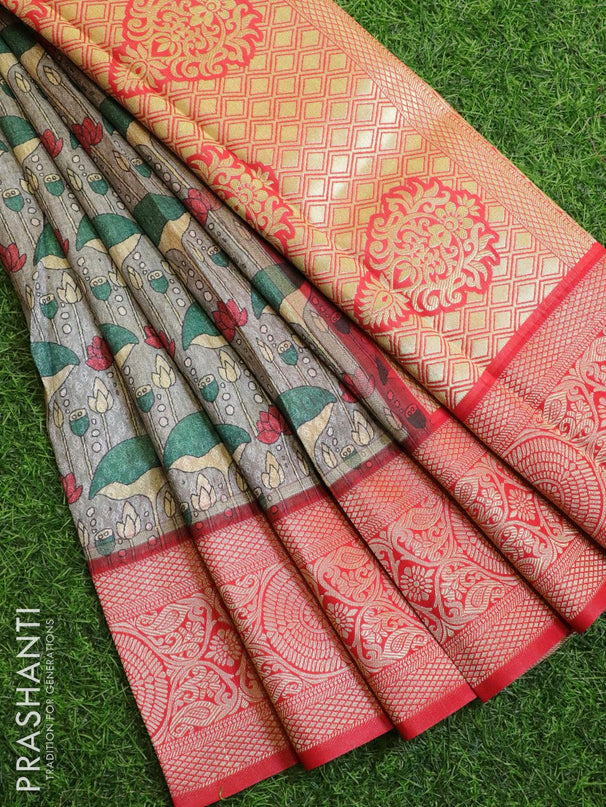 Malai silk saree grey and red with allover self emboss prints and zari woven border - {{ collection.title }} by Prashanti Sarees